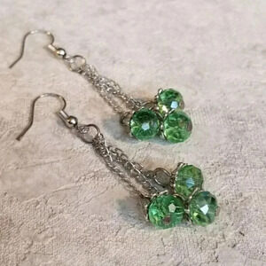 Triple Chained Crystal Earrings Green Silver
